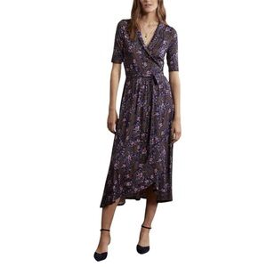 Boden Dress‎ Women’s Size 2 Blue Pink Floral Jersey Wrap Midi “Lavinia”
